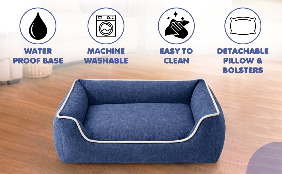 Blue grey linen dog bed features
