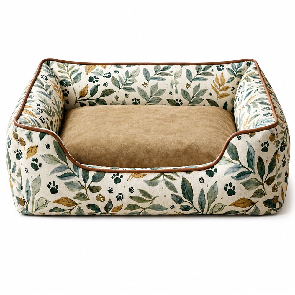 FurryFits Premium Leaf Print Dog Bed with Bolsters — soft botanical pet bed
