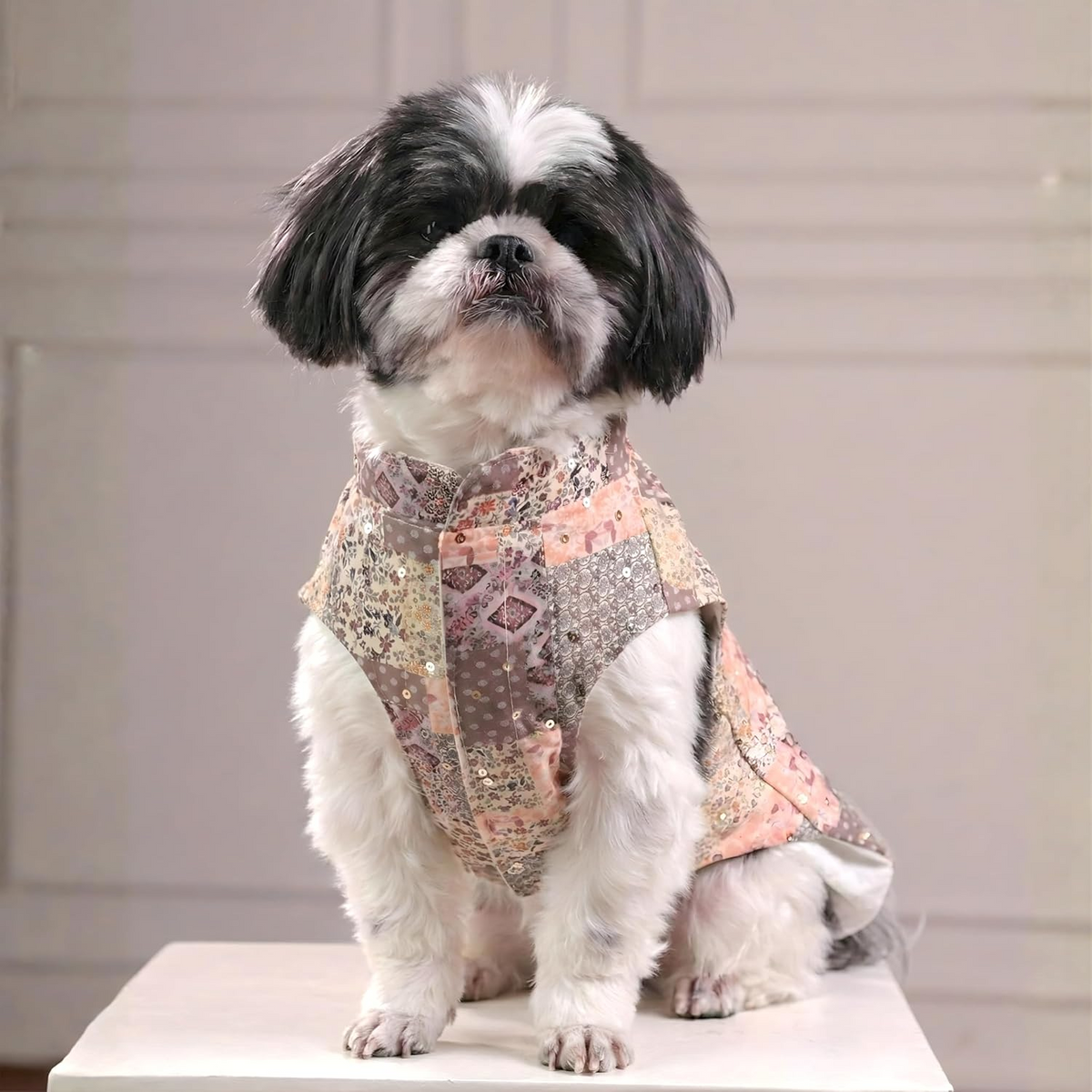Furryfits Mosaic Print Dog Kurta – Patchwork Printed Sleeveless Ethnic Wear with Front Zip Closure