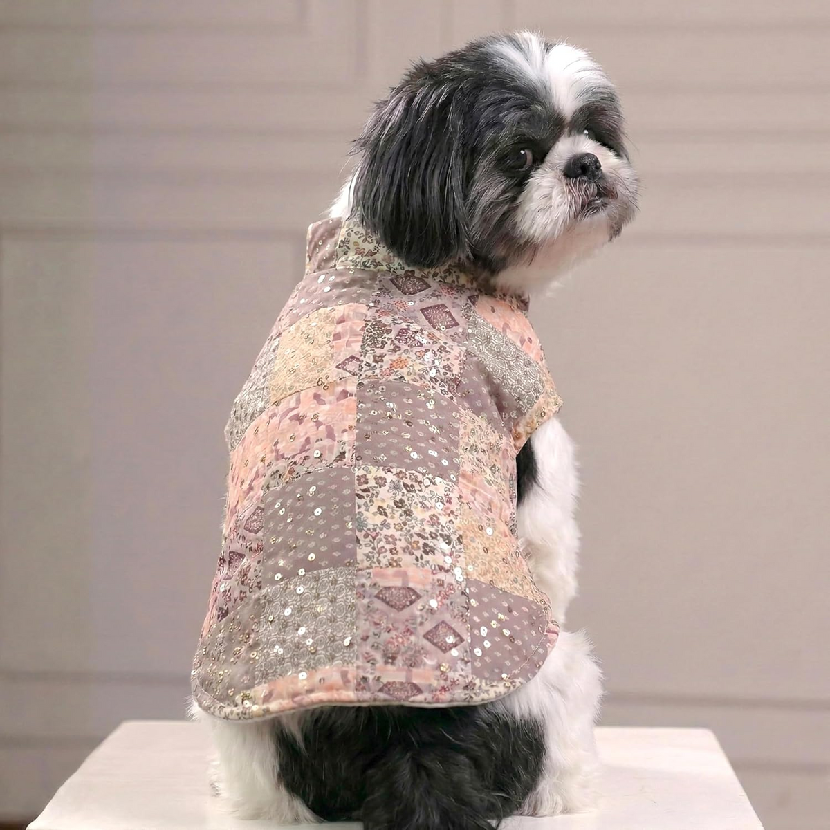 Furryfits Mosaic Print Dog Kurta – Patchwork Printed Sleeveless Ethnic Wear with Front Zip Closure