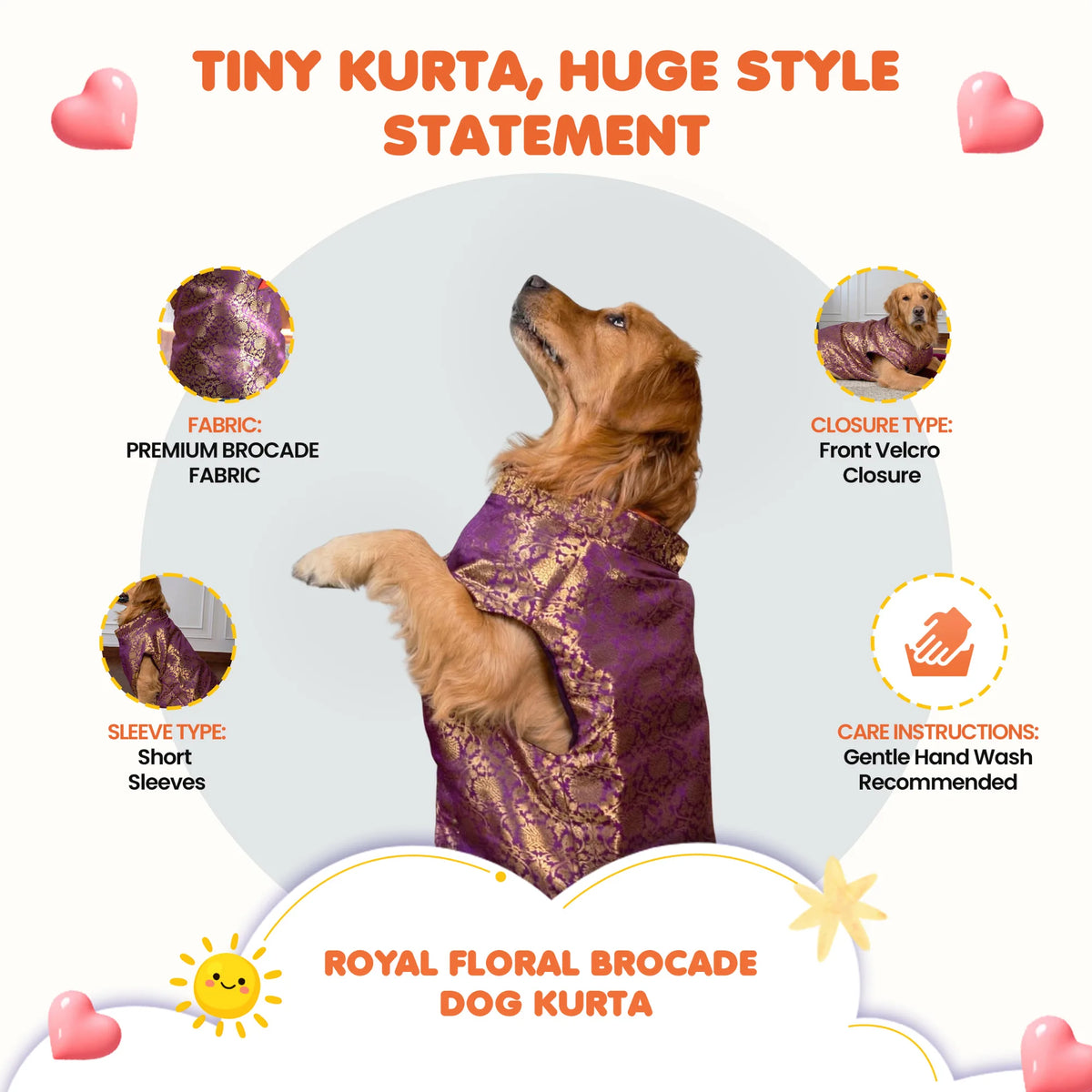 Furryfits Royal Floral Brocade Dog Kurta (Purple & Gold) – Premium Ethnic Wedding & Festive Wear for Dogs