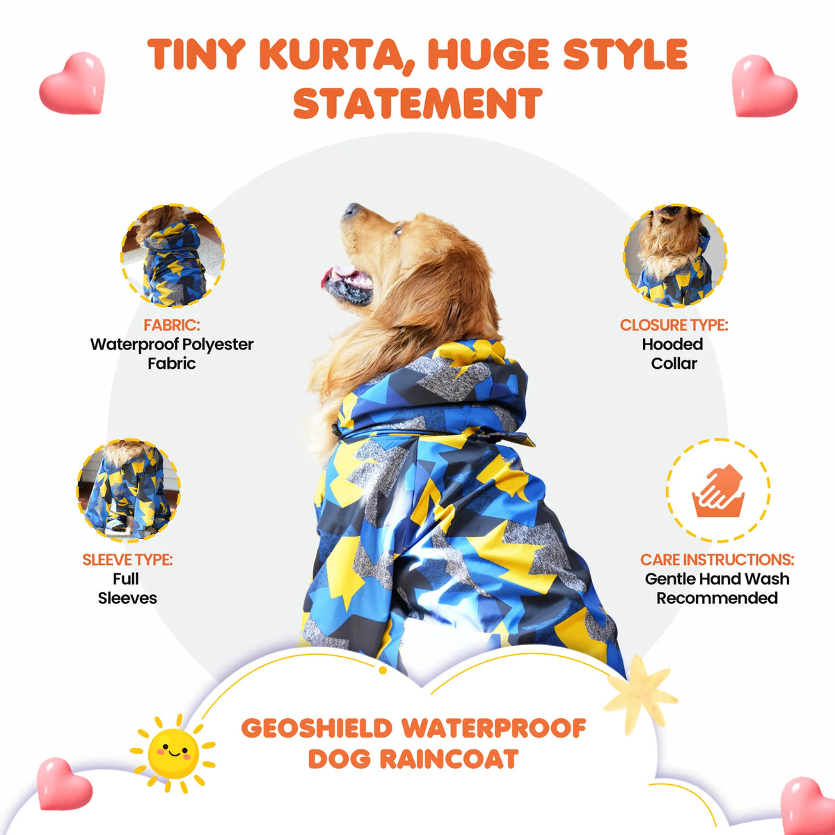 Furryfits GeoShield Waterproof Dog Raincoat – Hooded Geometric Print Rain Jacket for Dogs (Monsoon Wear)