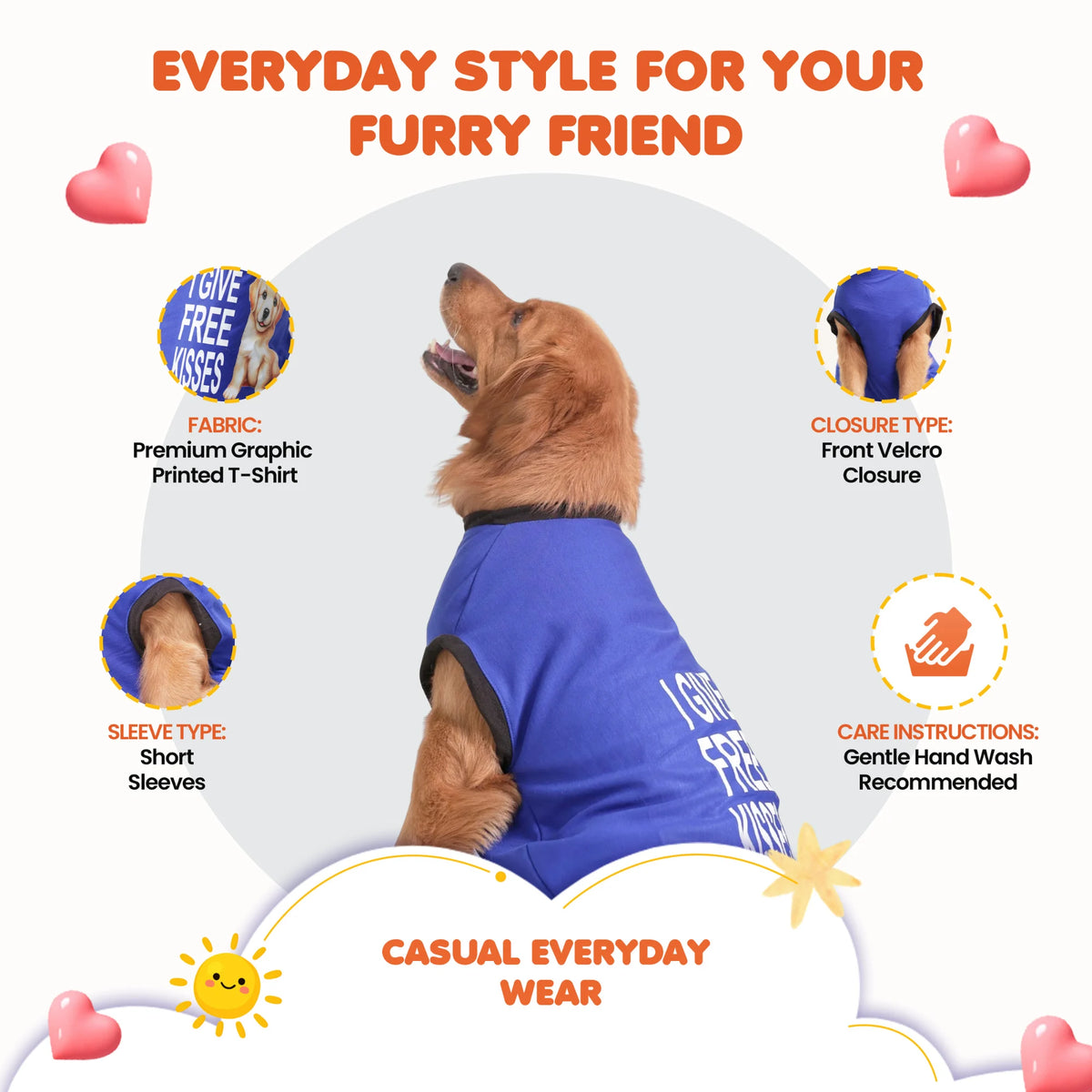 I Give Free Kisses Printed Dog T-Shirt- Cute Casual Wear (Blue)