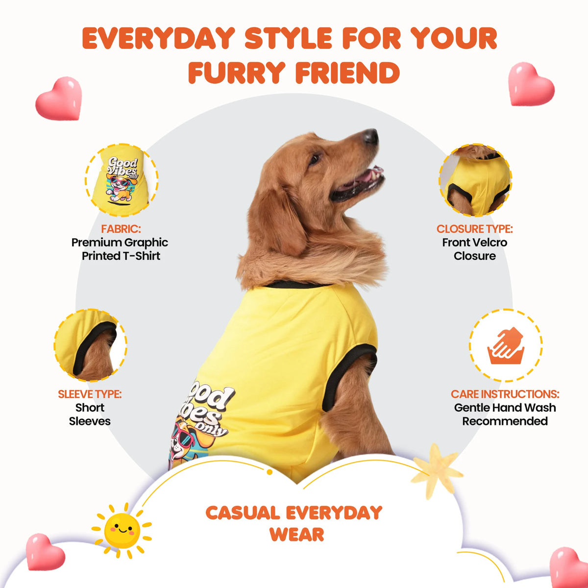 Good Vibes Only Printed Dog T-Shirt – Casual Summer Wear (Yellow)
