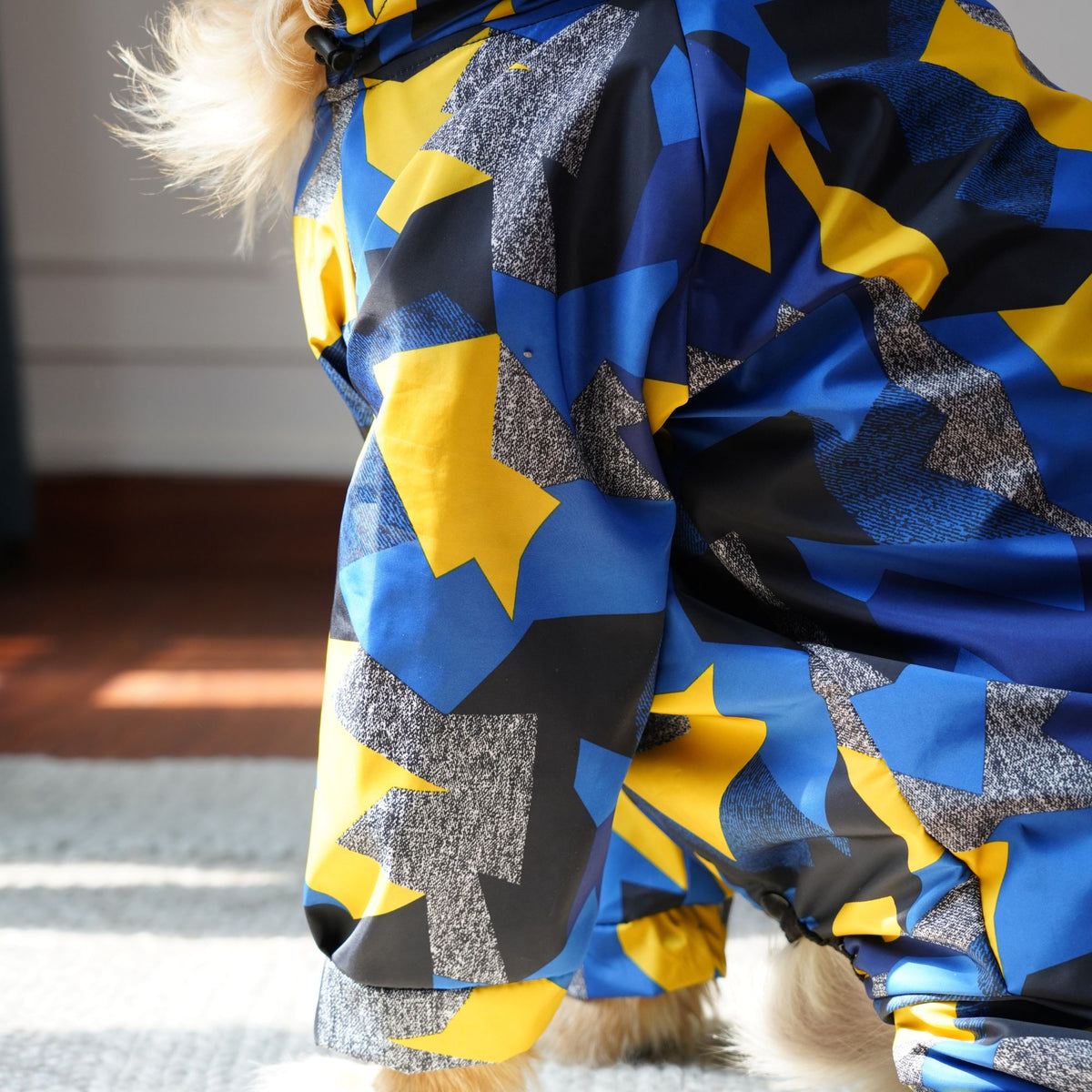 Furryfits GeoShield Waterproof Dog Raincoat – Hooded Geometric Print Rain Jacket for Dogs (Monsoon Wear)