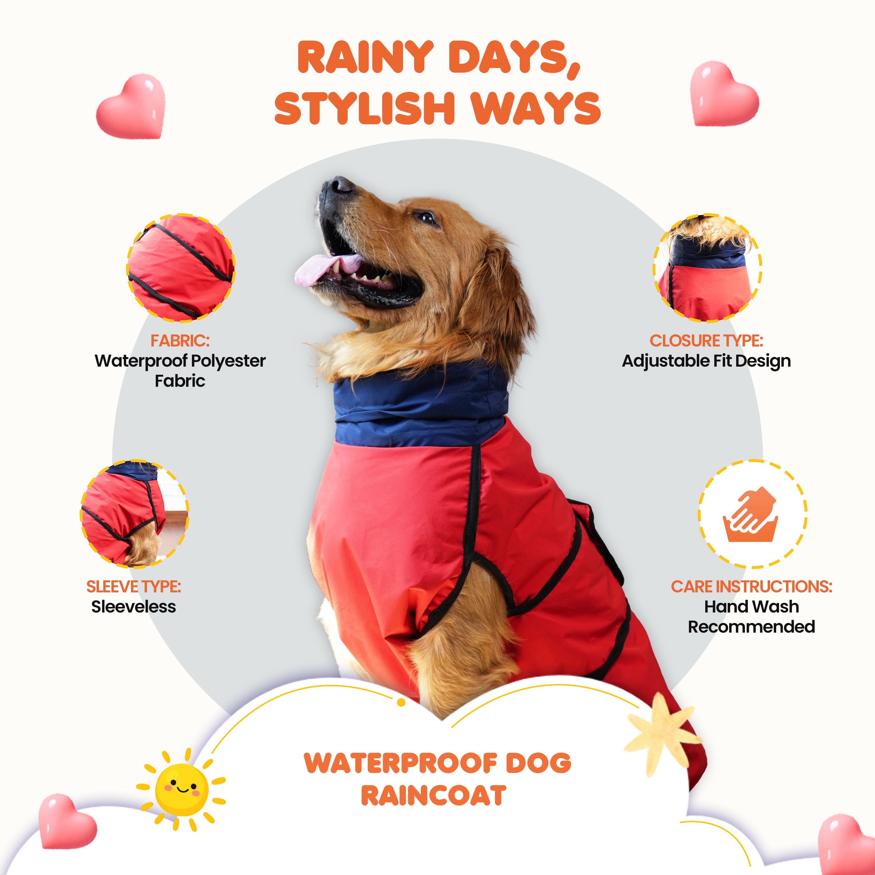 Waterproof Dog Raincoat (Red & Navy) – Lightweight Sleeveless Rain Jacket with Neck Protection