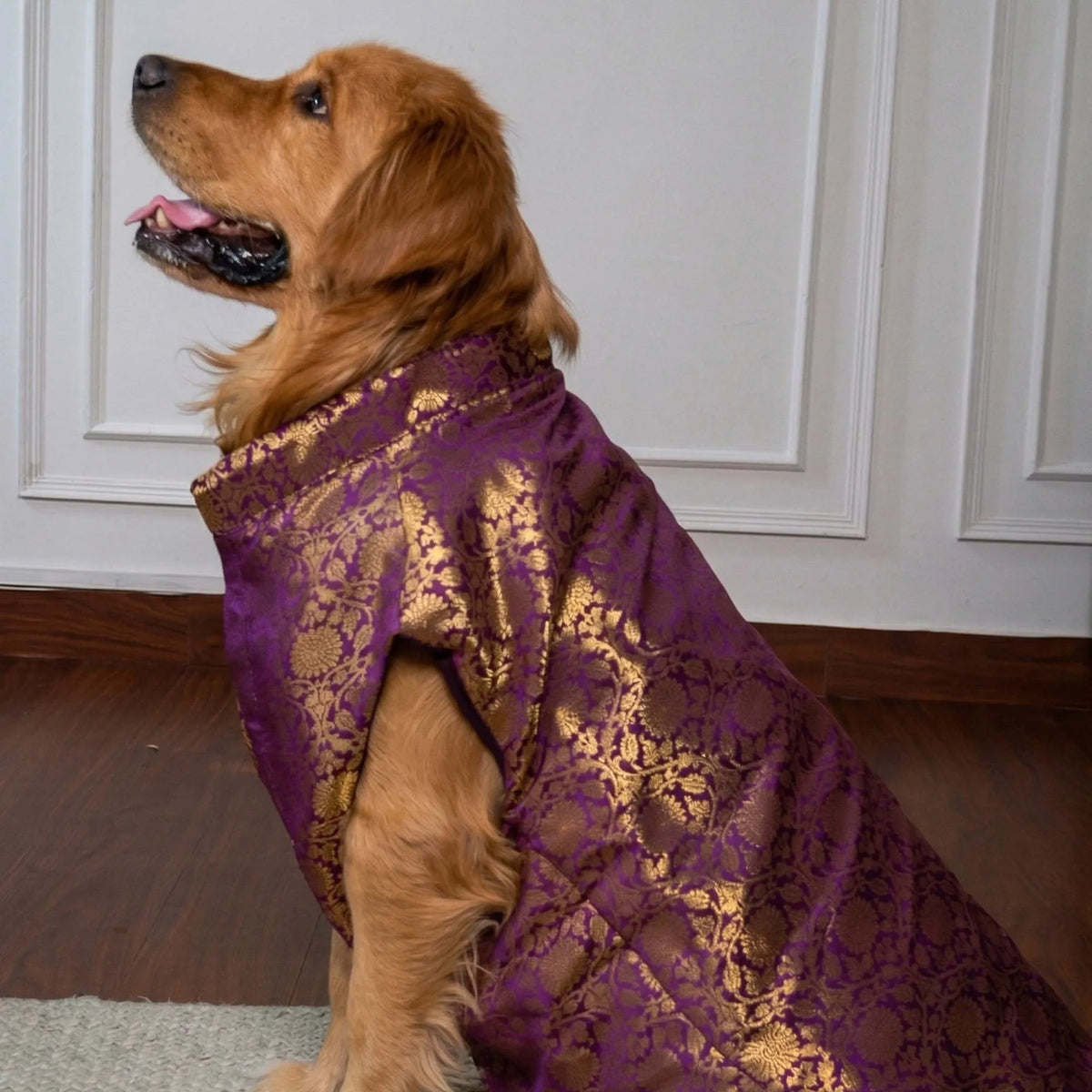 Furryfits Royal Floral Brocade Dog Kurta (Purple & Gold) – Premium Ethnic Wedding & Festive Wear for Dogs