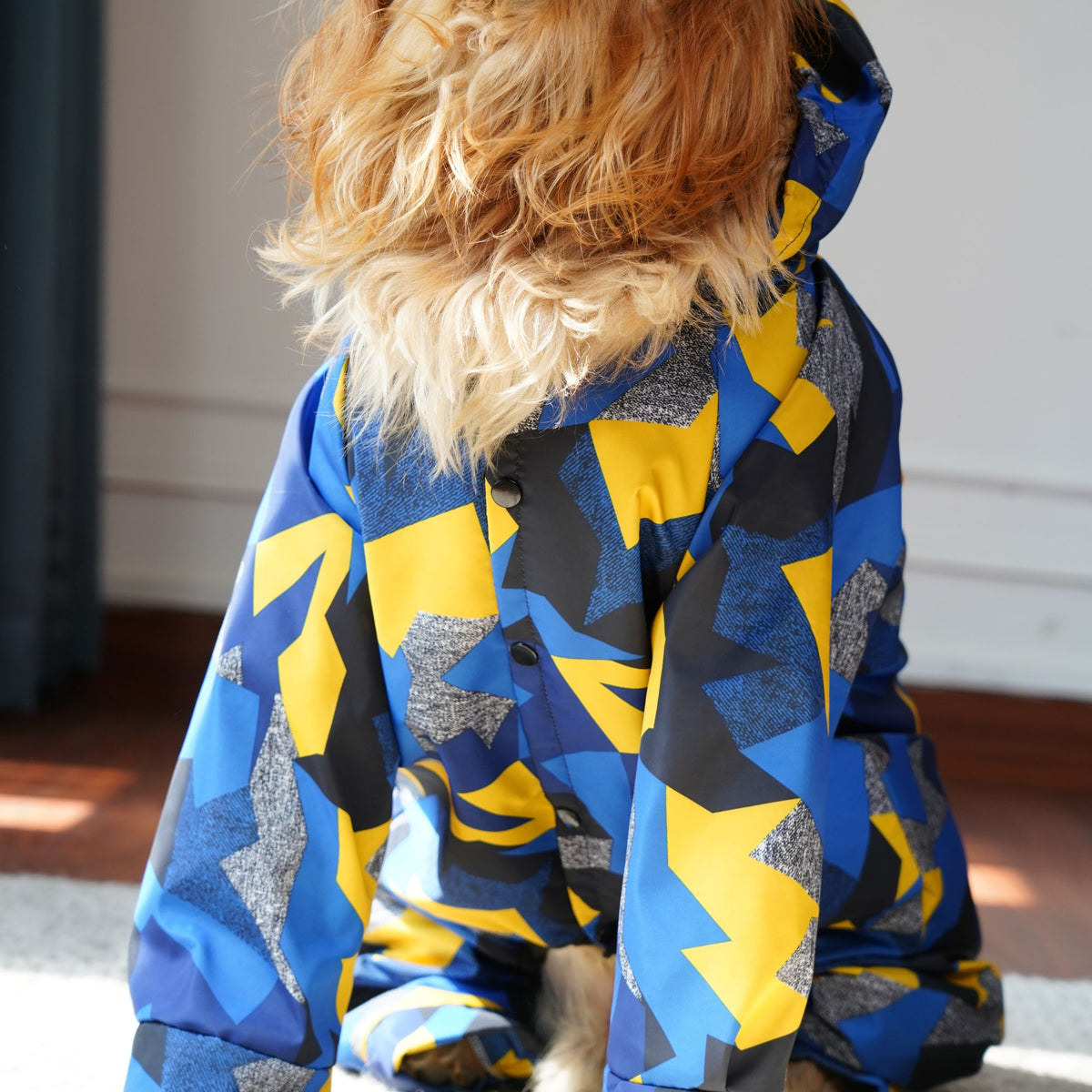 Furryfits GeoShield Waterproof Dog Raincoat – Hooded Geometric Print Rain Jacket for Dogs (Monsoon Wear)