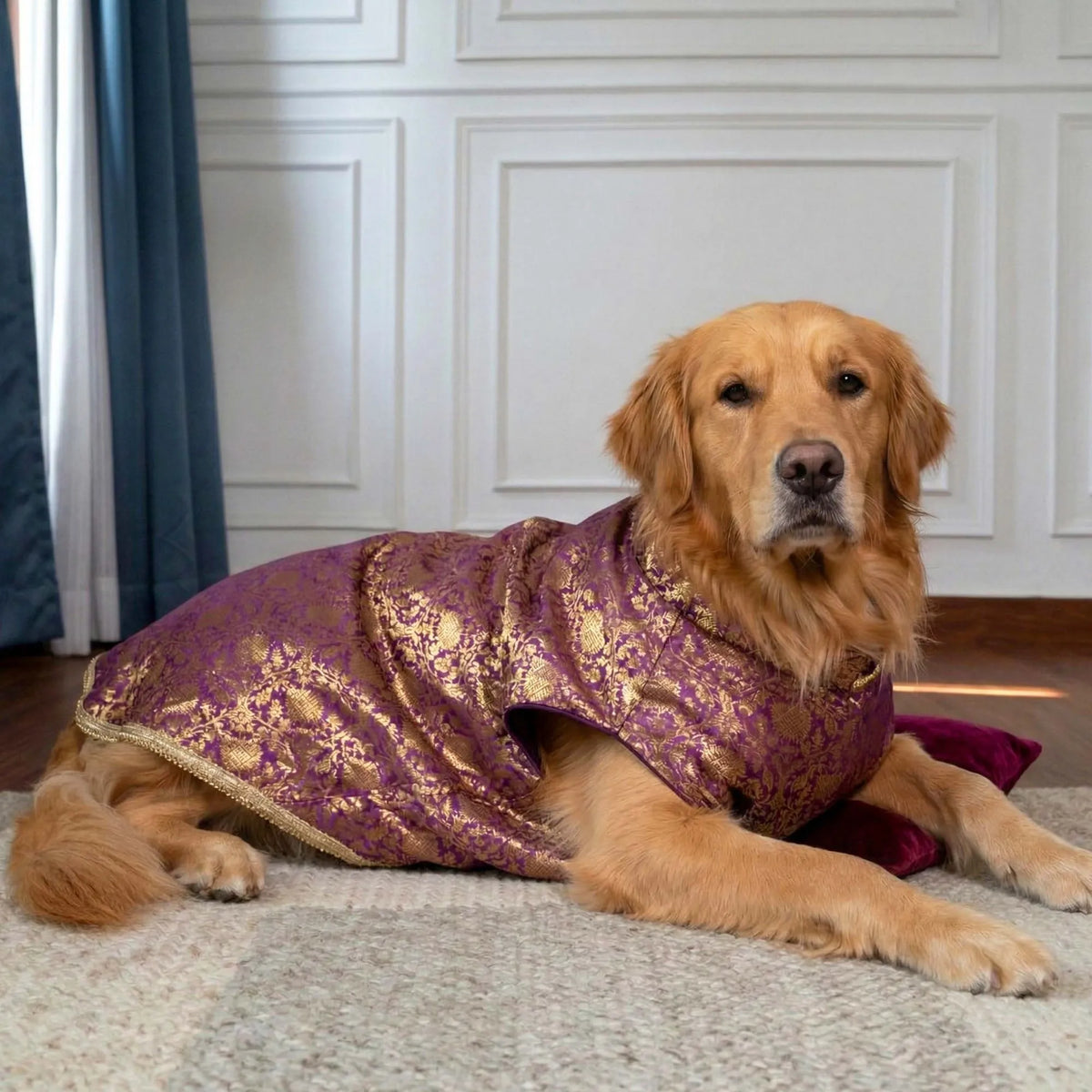 Furryfits Royal Floral Brocade Dog Kurta (Purple & Gold) – Premium Ethnic Wedding & Festive Wear for Dogs