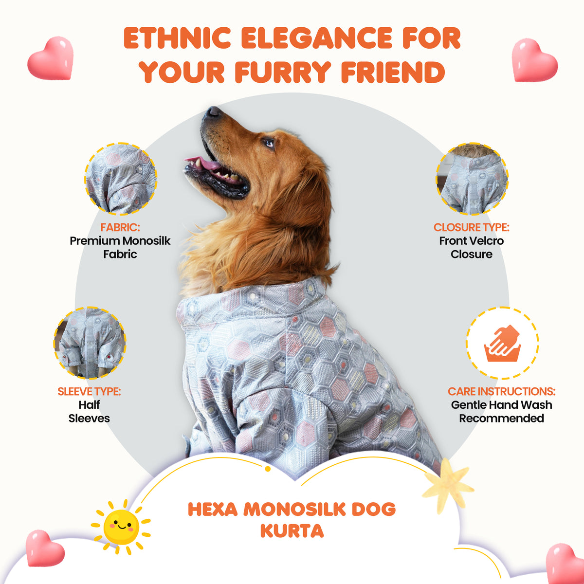 Hexa Monosilk Designer Dog Kurta Geometric Festive Ethnic Wear for Dogs