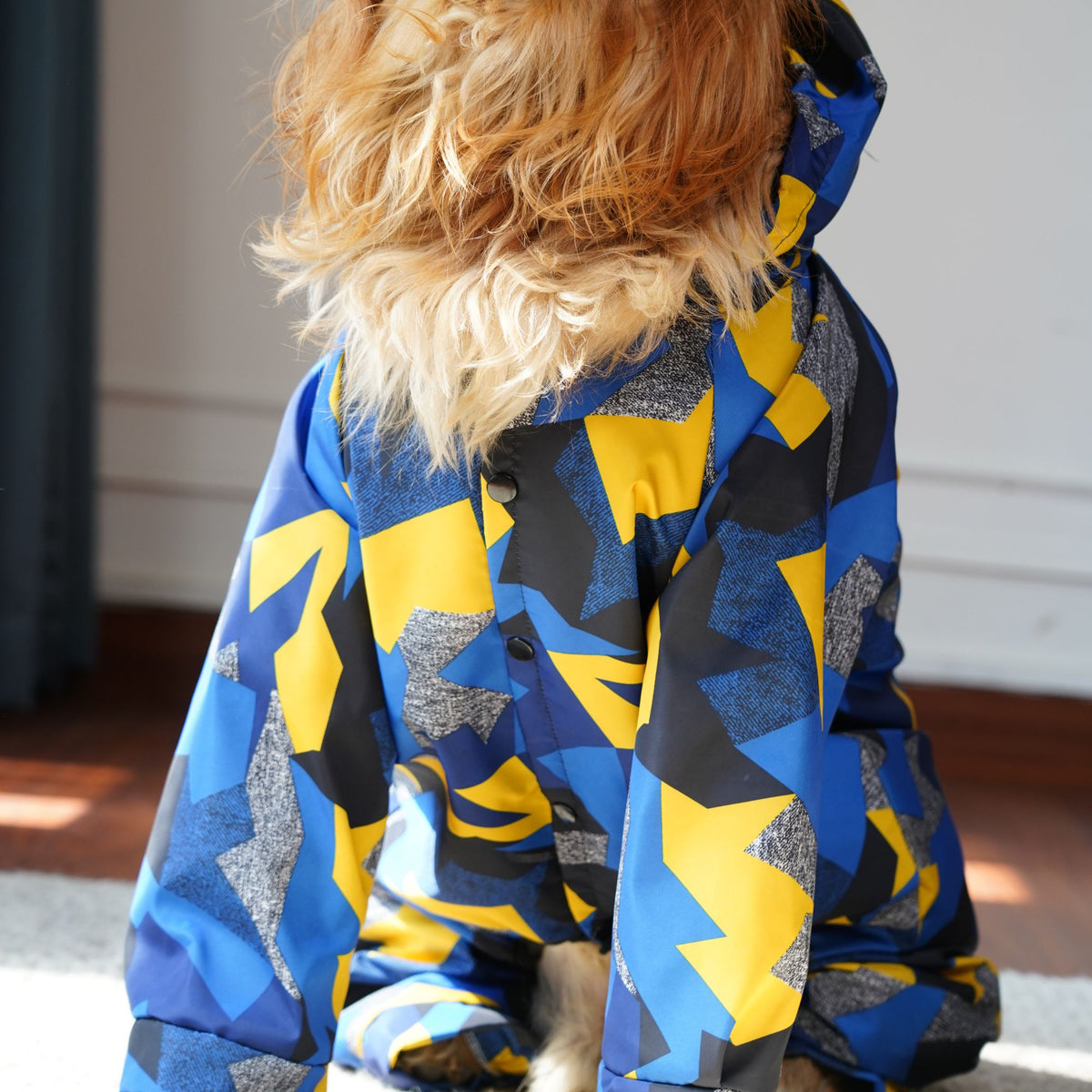Furryfits GeoShield Waterproof Dog Raincoat – Hooded Geometric Print Rain Jacket for Dogs (Monsoon Wear)