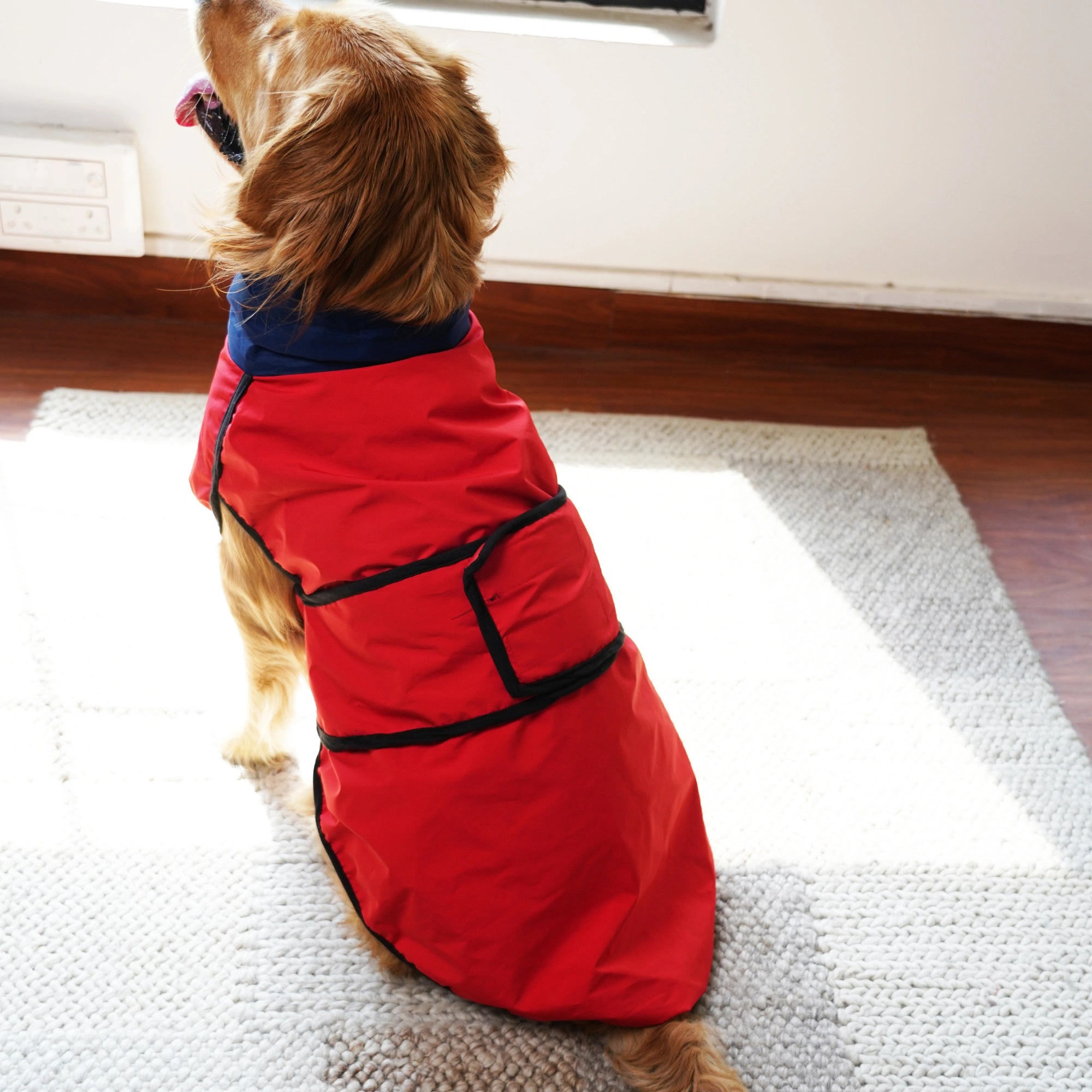 Waterproof Dog Raincoat (Red & Navy) – Lightweight Sleeveless Rain Jacket with Neck Protection