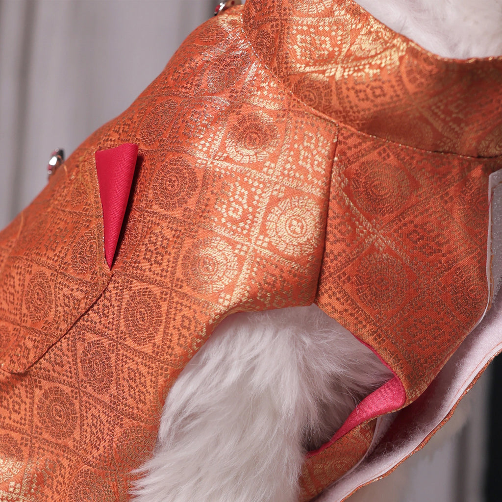 Royal Brocade Dog Kurta (Orange) – Premium Festive Ethnic Wear for Dogs