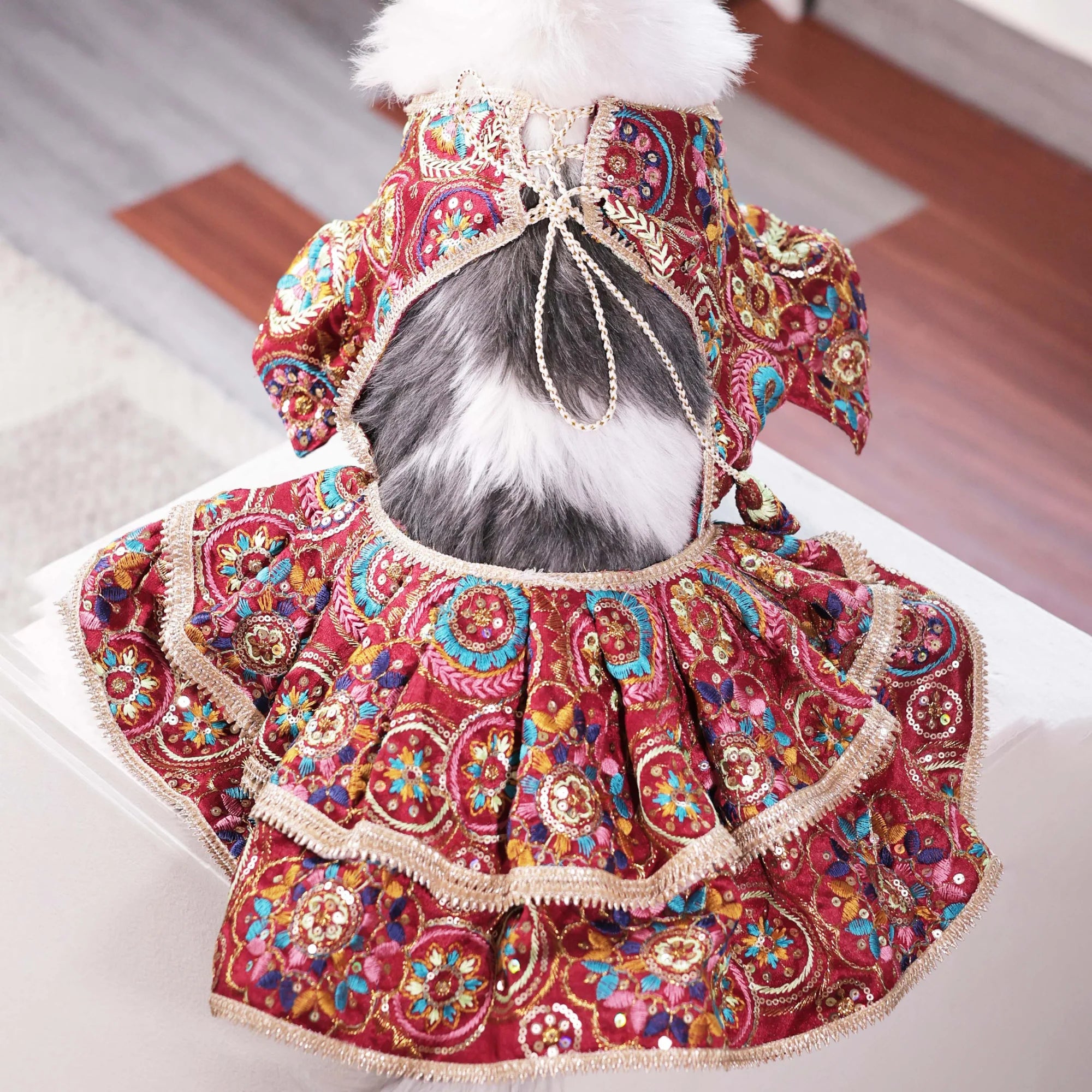 Luxury Embroidered Dog Lehenga – Royal Wedding & Festive Couture Wear (Red Multicolor)