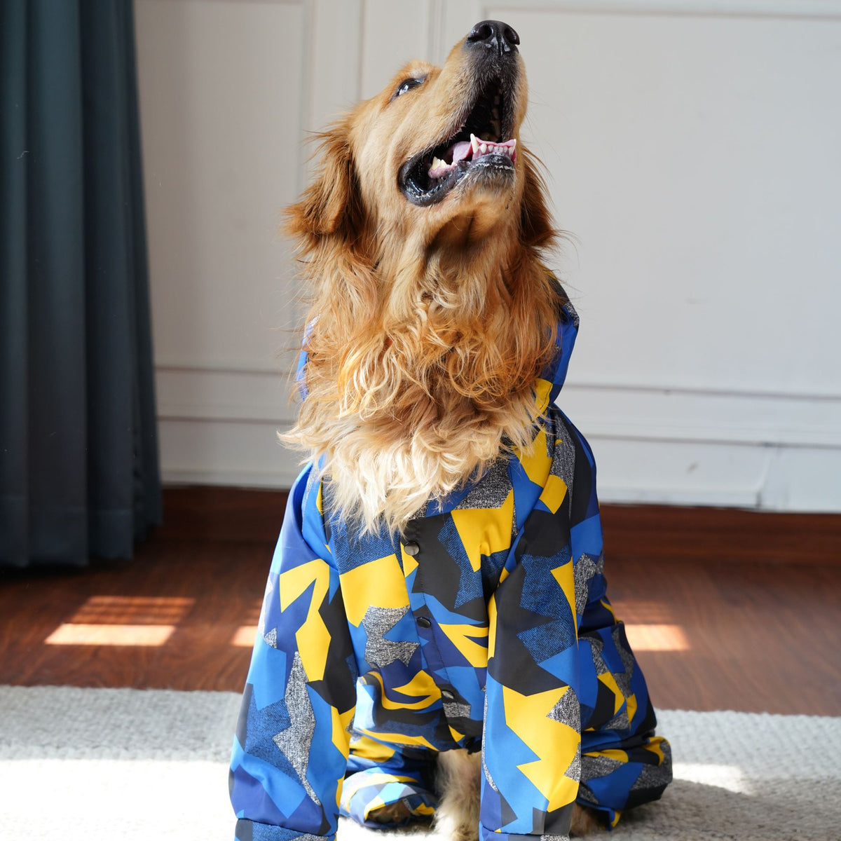 Furryfits GeoShield Waterproof Dog Raincoat – Hooded Geometric Print Rain Jacket for Dogs (Monsoon Wear)