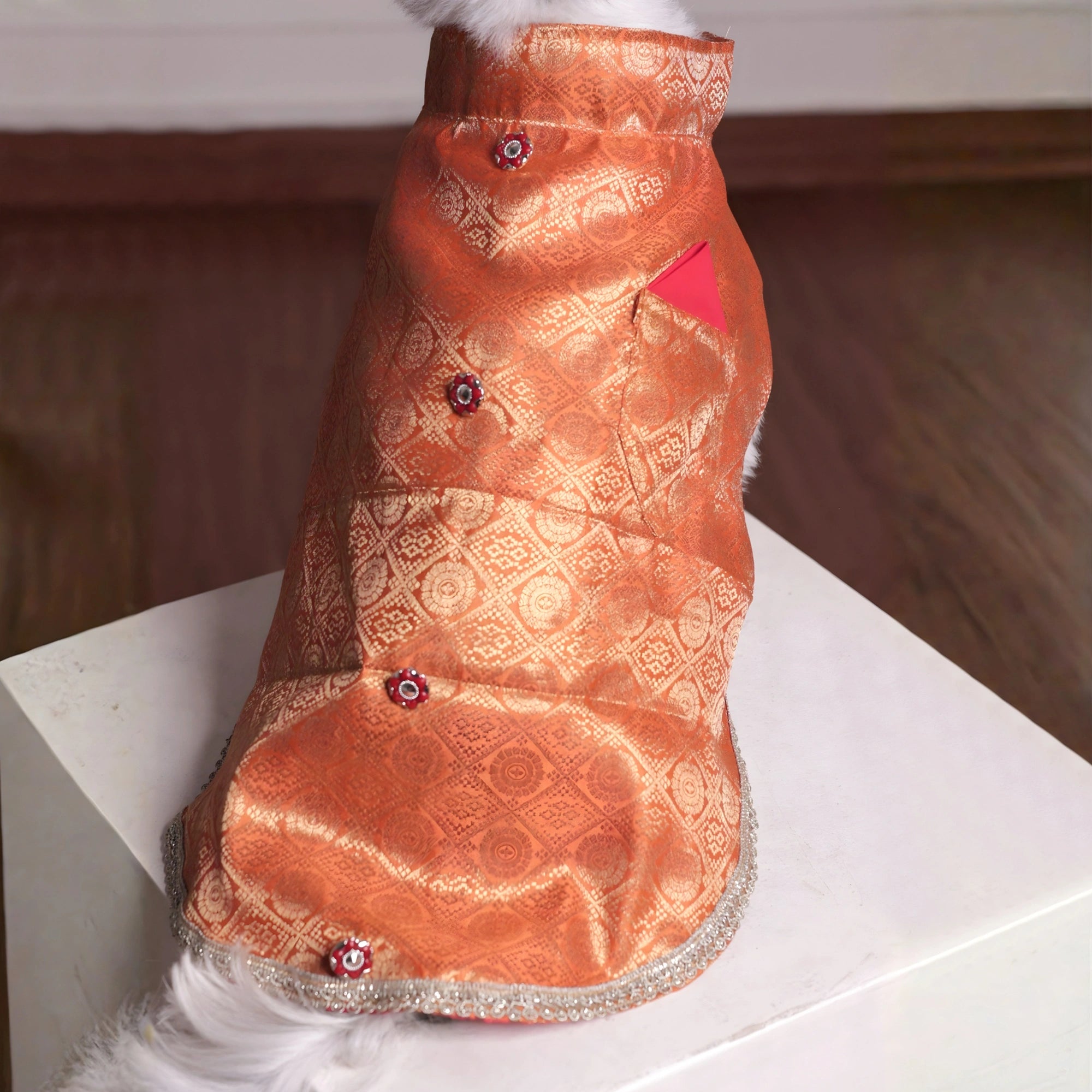 Royal Brocade Dog Kurta (Orange) – Premium Festive Ethnic Wear for Dogs