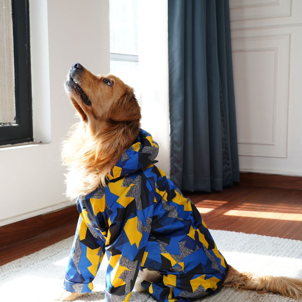 Furryfits GeoShield Waterproof Dog Raincoat – Hooded Geometric Print Rain Jacket for Dogs (Monsoon Wear)