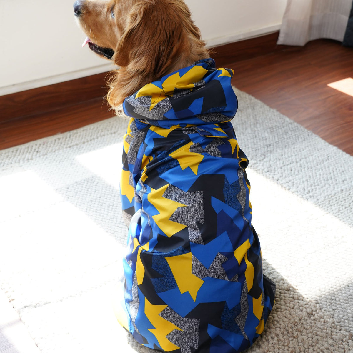Furryfits GeoShield Waterproof Dog Raincoat – Hooded Geometric Print Rain Jacket for Dogs (Monsoon Wear)