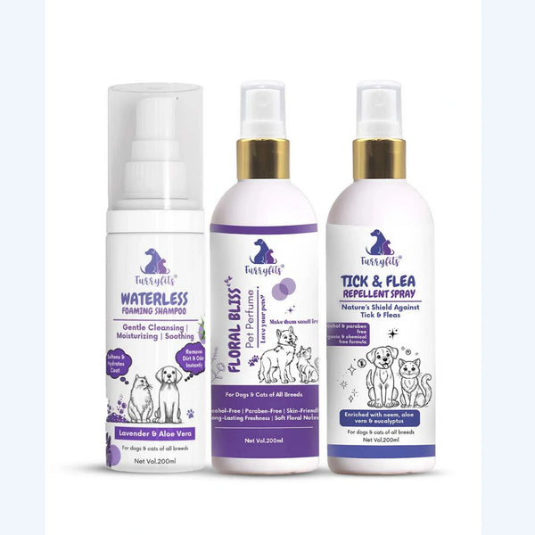 Pet Grooming & Protection Combo – Lavender Clean, Bliss Perfume & Tick Spray