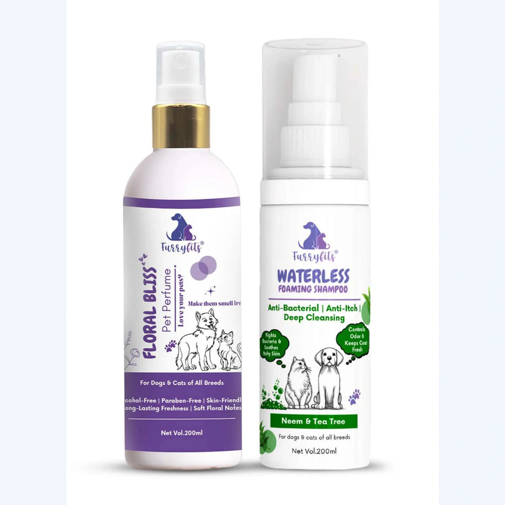 Pet Perfume & Waterless Shampoo Combo – Neem Clean + Floral Bliss