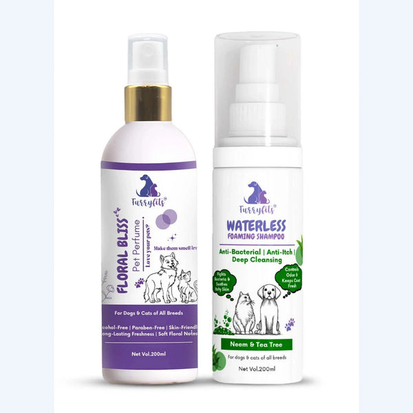Pet Perfume & Waterless Shampoo Combo – Neem Clean + Floral Bliss