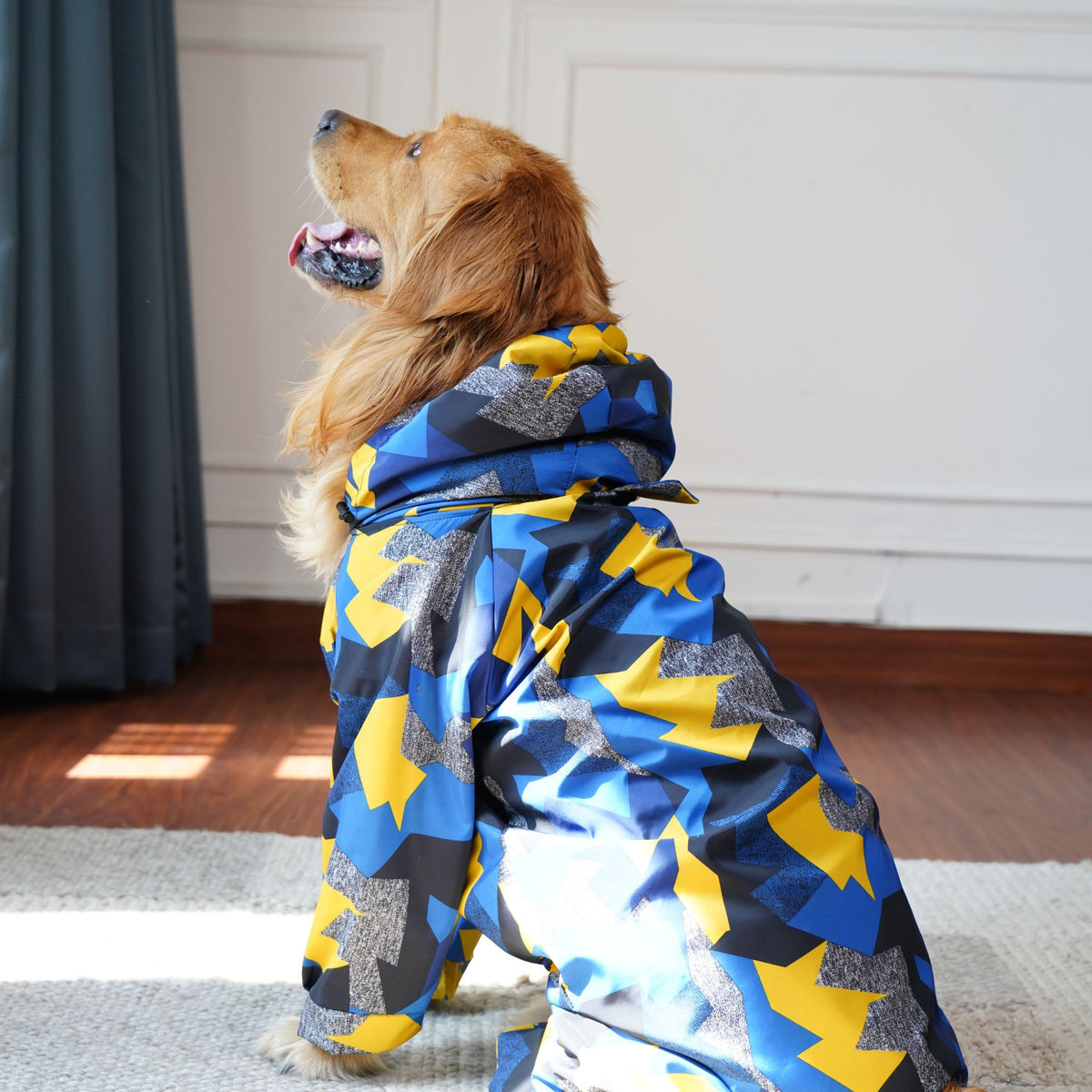 Furryfits GeoShield Waterproof Dog Raincoat – Hooded Geometric Print Rain Jacket for Dogs (Monsoon Wear)