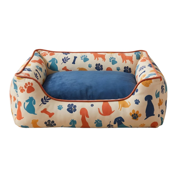 Furryfits Premium Dog Bed with Removable Cushion & Bolsters – Soft Orthopedic Washable Pet Bed with Anti-Slip Base (Dog Print Design)