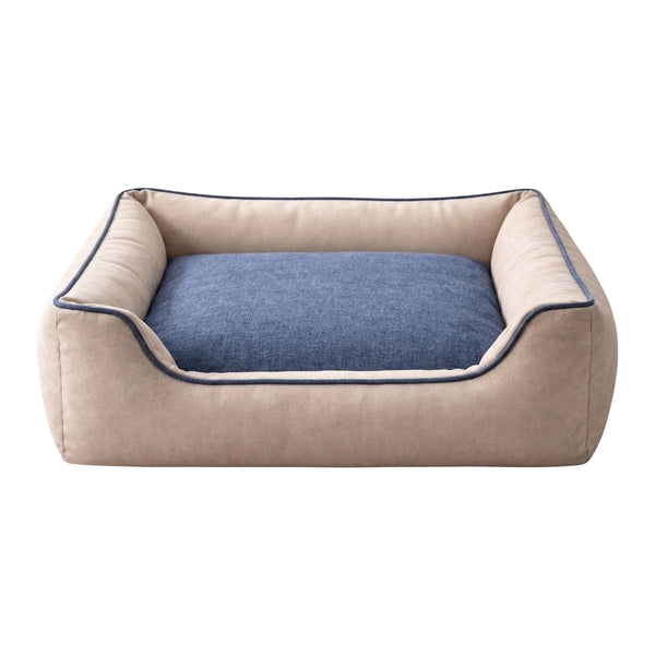 Furryfits Premium Two-Tone Dog Bed with Bolsters – Orthopedic Denim Cushion Pet Bed, Washable & Anti-Slip (Beige & Blue, Dogs & Cats)