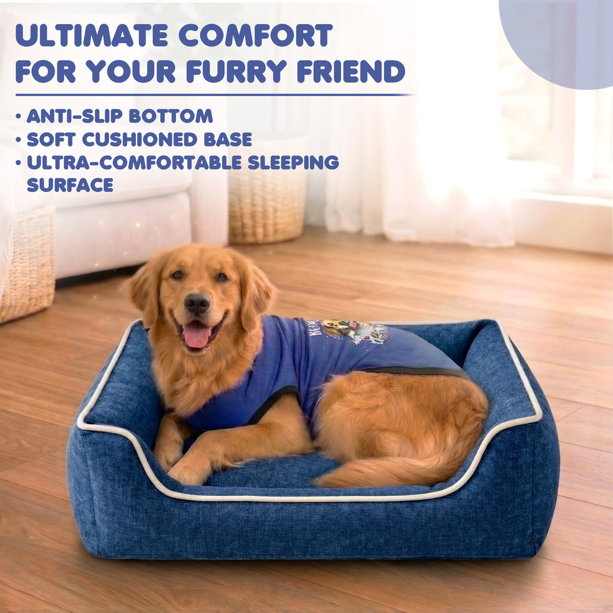 Furryfits Premium Solid Dog Bed – Soft Linen Feel Orthopedic Pet Bed with Bolsters, Washable & Anti-Slip Base (Blue Grey, All Sizes Dogs)