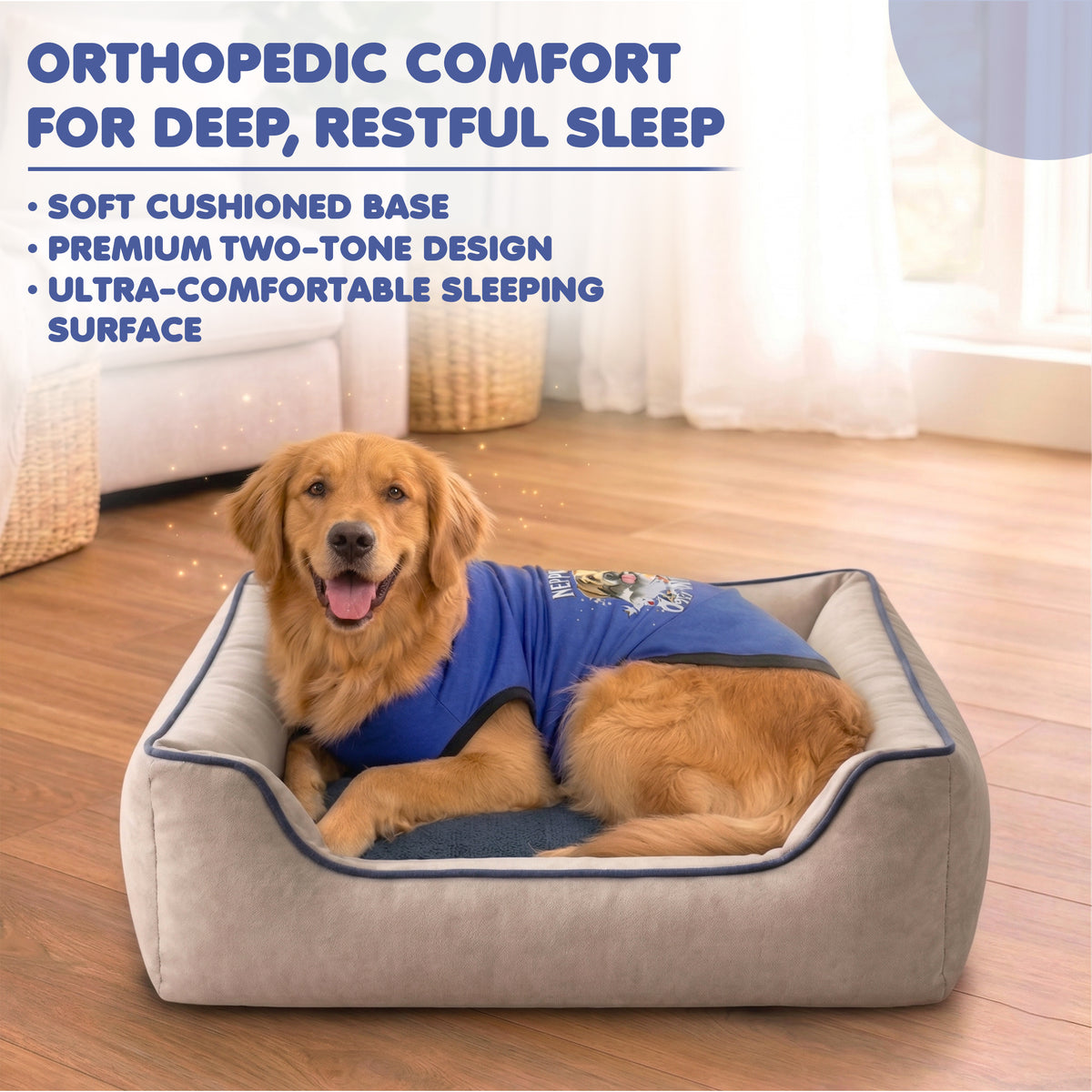 Furryfits Premium Two-Tone Dog Bed with Bolsters – Orthopedic Denim Cushion Pet Bed, Washable & Anti-Slip (Beige & Blue, Dogs & Cats)