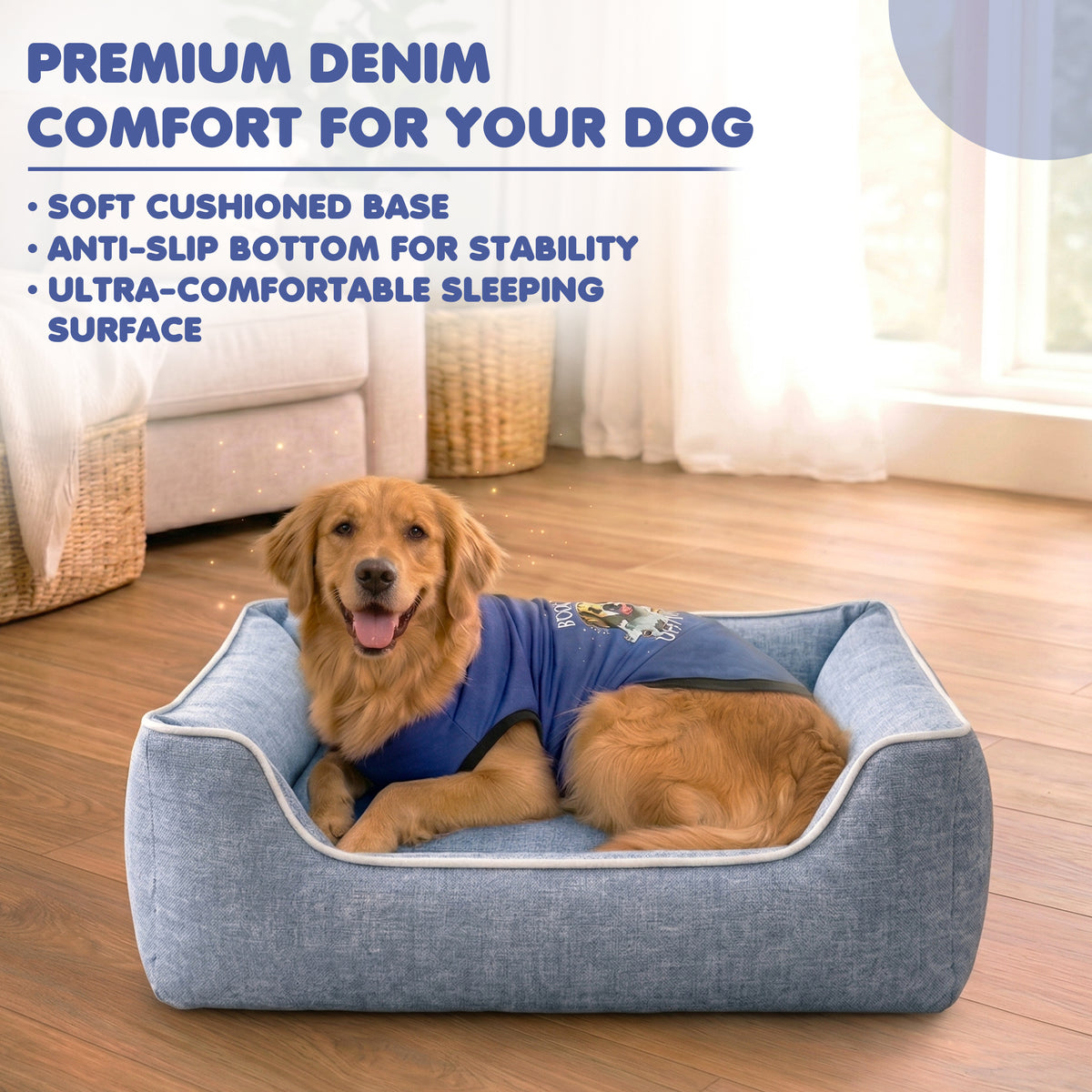 Furryfits Premium Denim Blue Dog Bed with Bolsters – Orthopedic Soft Cushion Pet Bed, Washable & Anti-Slip (Dogs & Cats)