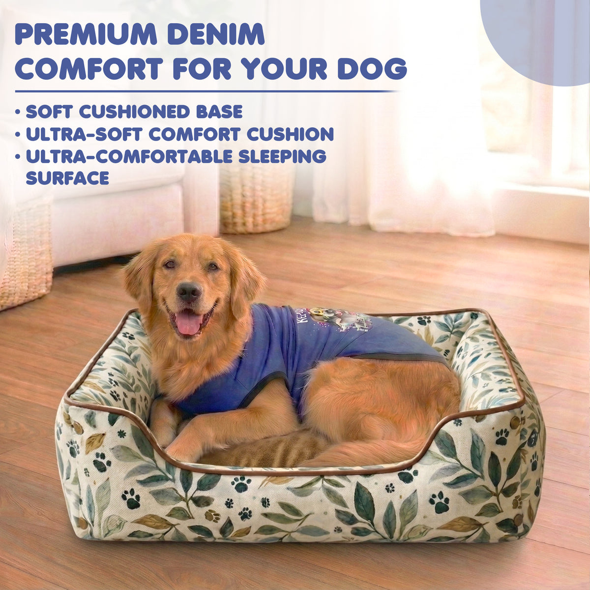 Furryfits Premium Leaf Print Dog Bed with Bolsters – Soft Botanical Pet Bed with Cushion, Anti-Slip & Durable (Dogs & Cats)