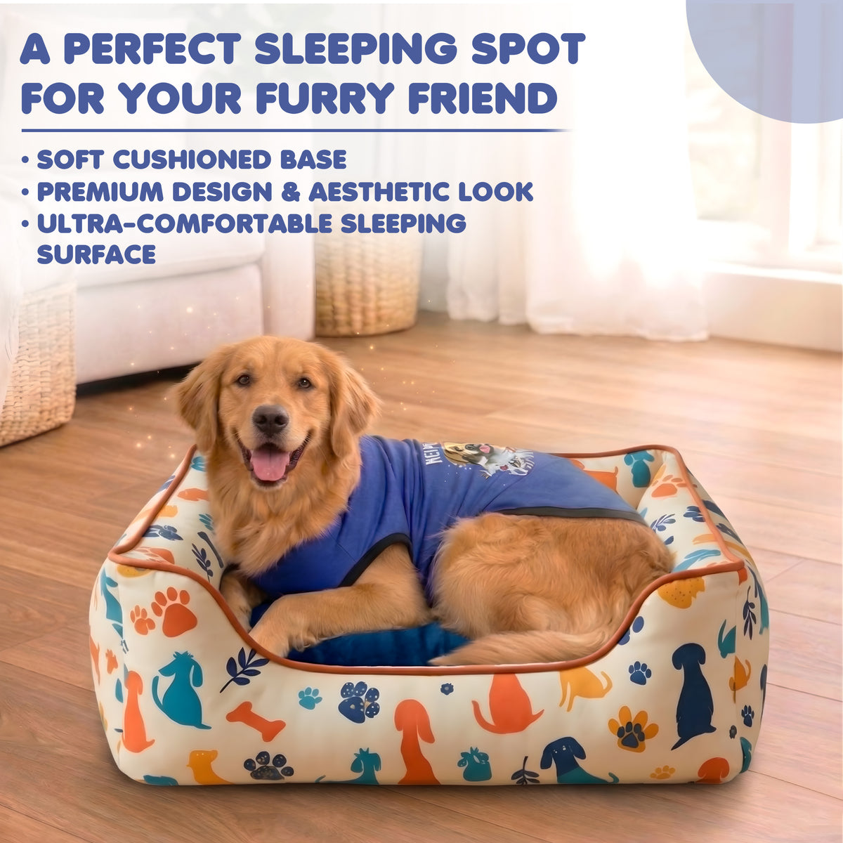 Furryfits Premium Dog Bed with Removable Cushion & Bolsters – Soft Orthopedic Washable Pet Bed with Anti-Slip Base (Dog Print Design)