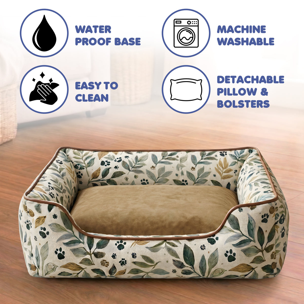 Furryfits Premium Leaf Print Dog Bed with Bolsters – Soft Botanical Pet Bed with Cushion, Anti-Slip & Durable (Dogs & Cats)