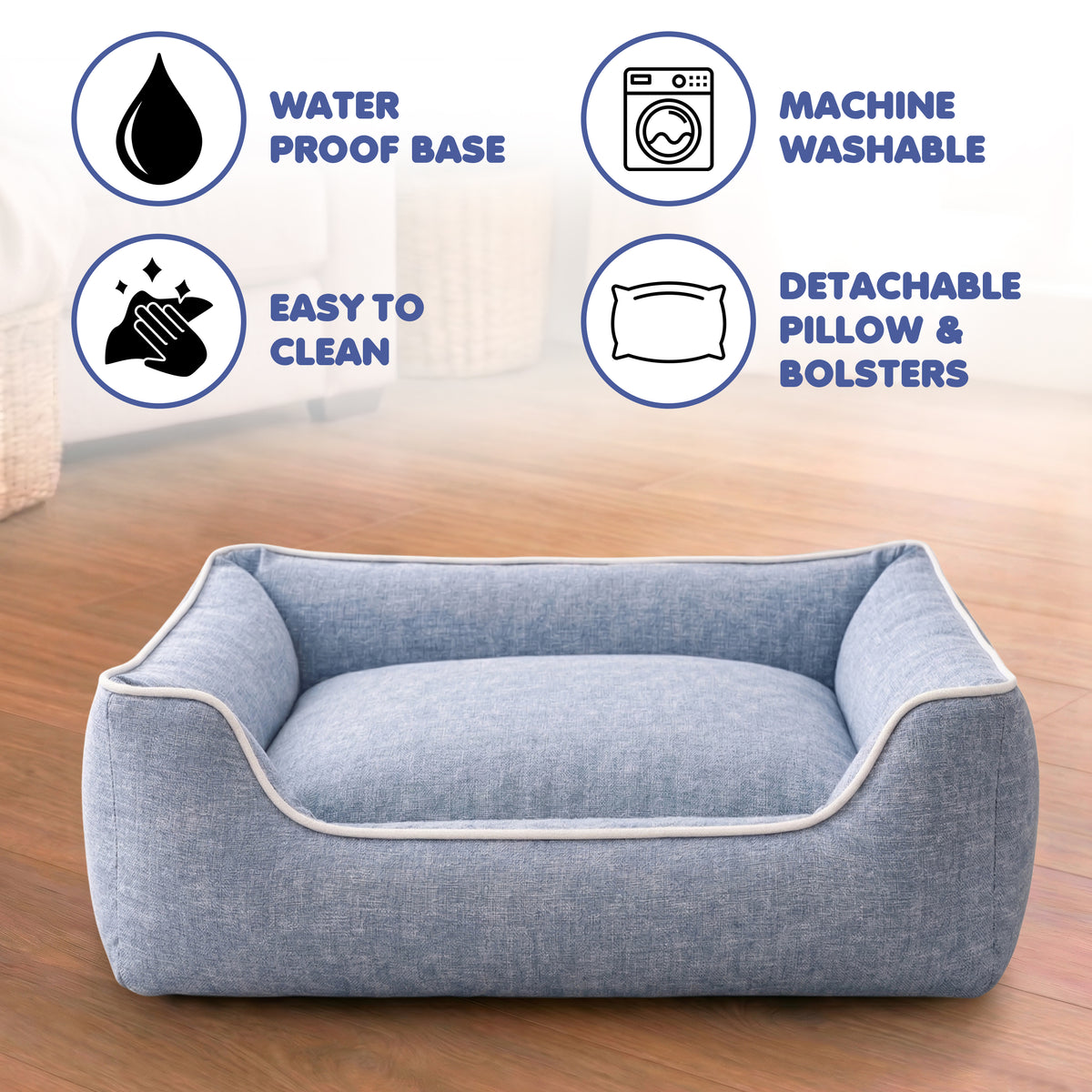 Furryfits Premium Denim Blue Dog Bed with Bolsters – Orthopedic Soft Cushion Pet Bed, Washable & Anti-Slip (Dogs & Cats)