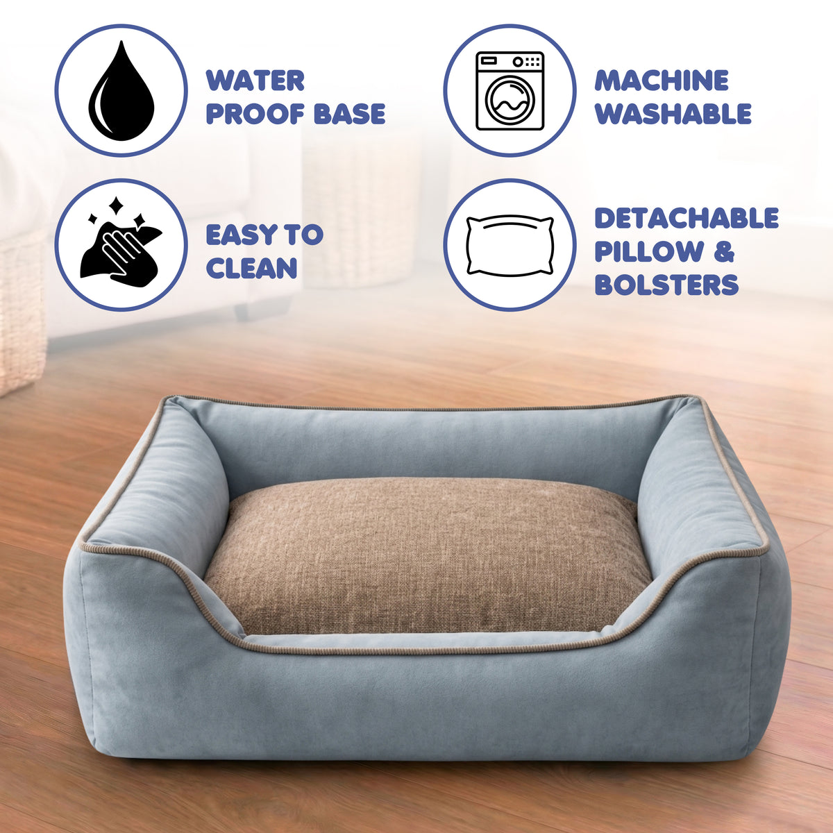 Furryfits Premium Two-Tone Dog Bed – Blue & Brown Orthopedic Pet Sofa Bed with Bolsters, Anti-Slip & Washable (Dogs & Cats)