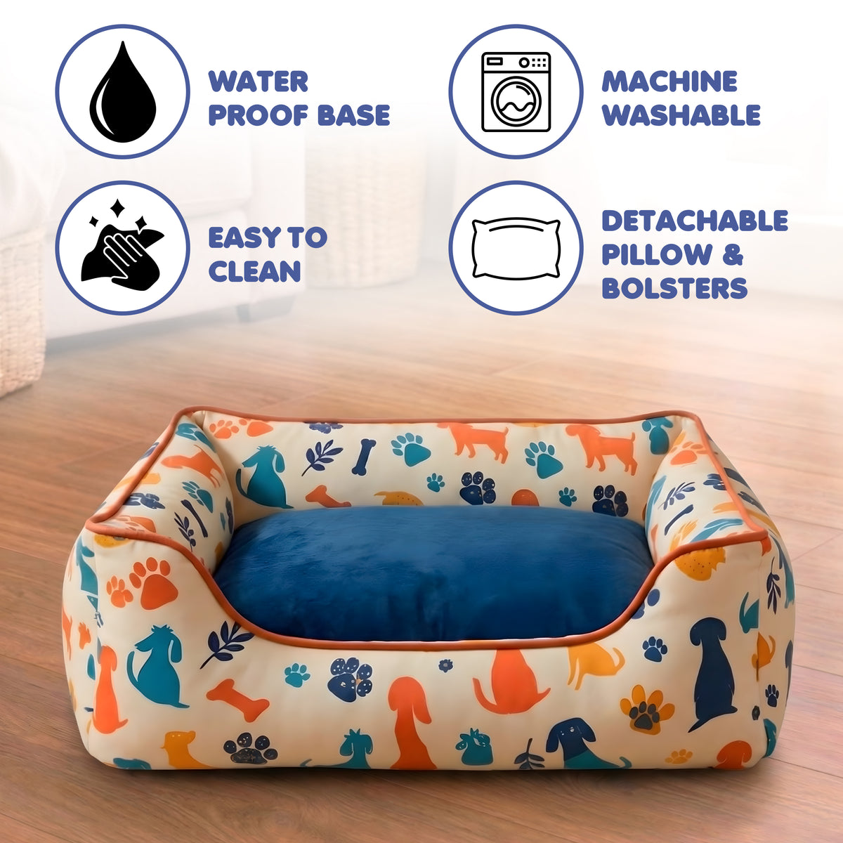 Furryfits Premium Dog Bed with Removable Cushion & Bolsters – Soft Orthopedic Washable Pet Bed with Anti-Slip Base (Dog Print Design)