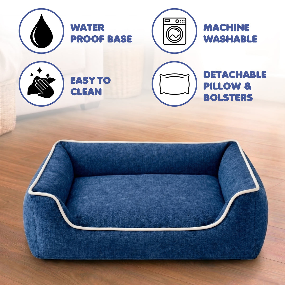 Furryfits Premium Solid Dog Bed – Soft Linen Feel Orthopedic Pet Bed with Bolsters, Washable & Anti-Slip Base (Blue Grey, All Sizes Dogs)
