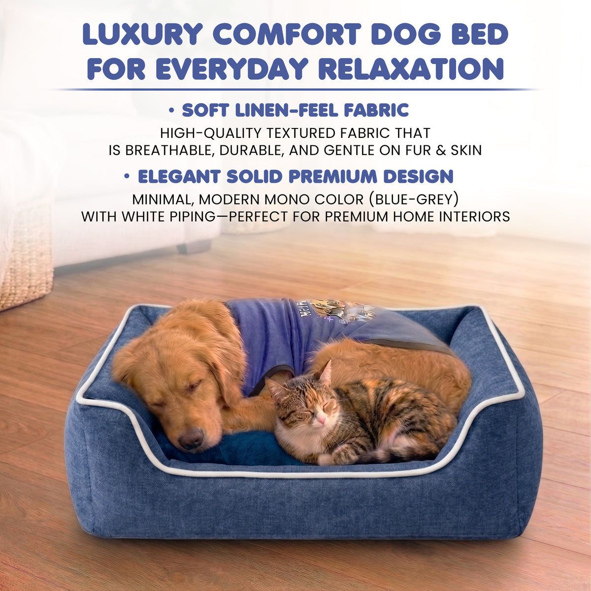 Furryfits Premium Solid Dog Bed – Soft Linen Feel Orthopedic Pet Bed with Bolsters, Washable & Anti-Slip Base (Blue Grey, All Sizes Dogs)