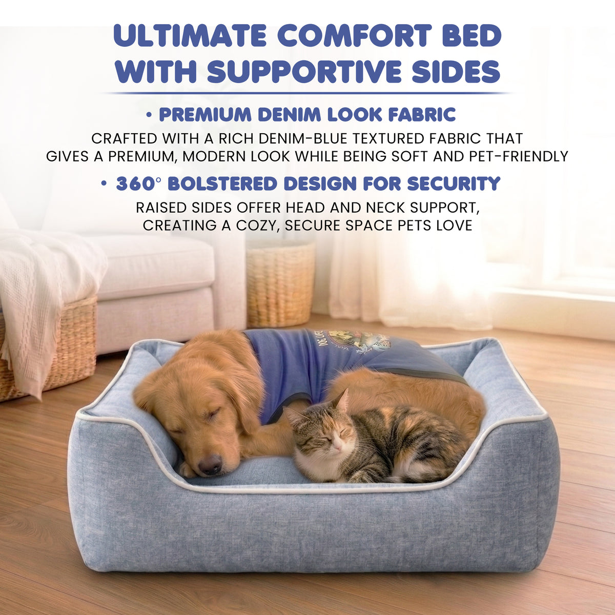 Furryfits Premium Denim Blue Dog Bed with Bolsters – Orthopedic Soft Cushion Pet Bed, Washable & Anti-Slip (Dogs & Cats)