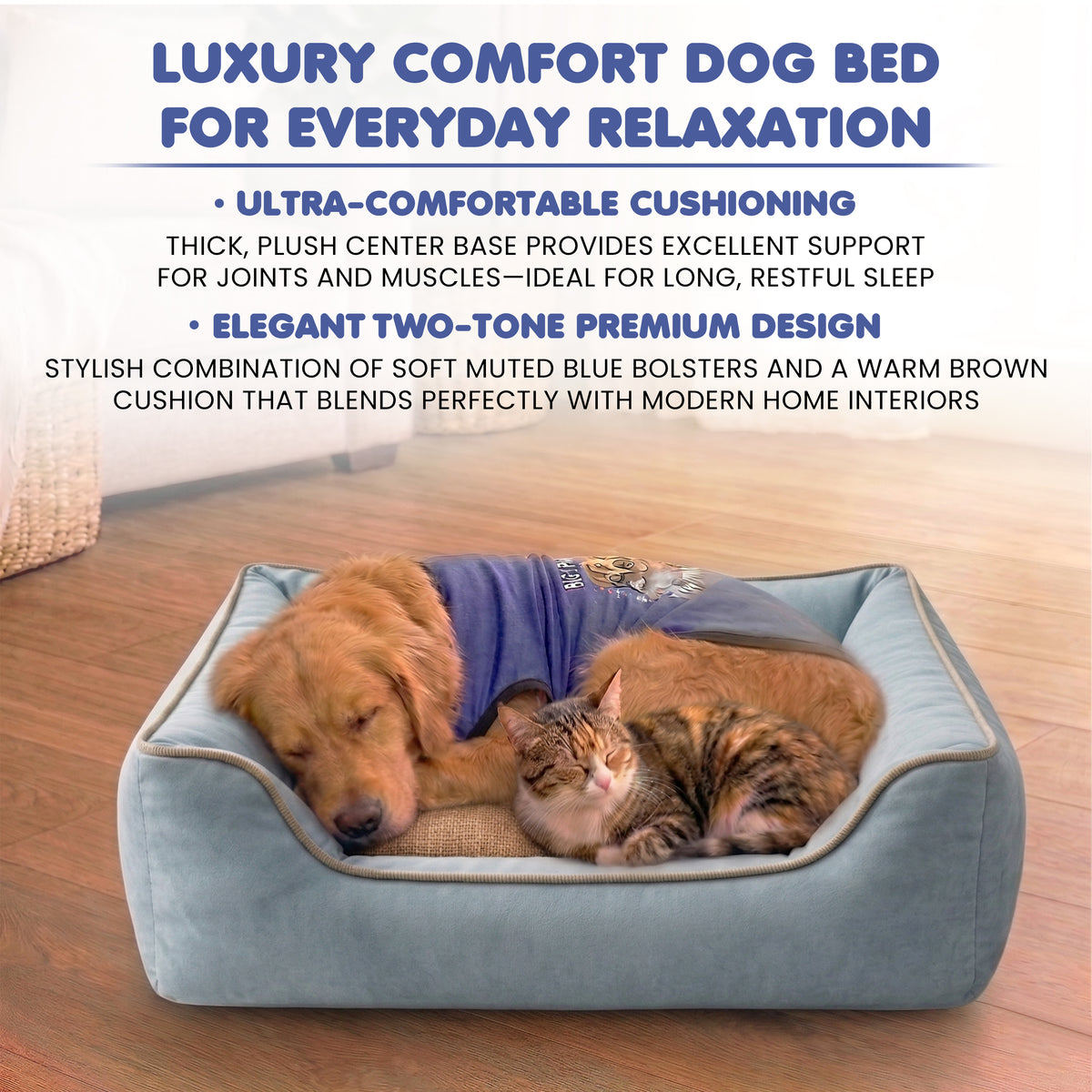 Furryfits Premium Two-Tone Dog Bed – Blue & Brown Orthopedic Pet Sofa Bed with Bolsters, Anti-Slip & Washable (Dogs & Cats)