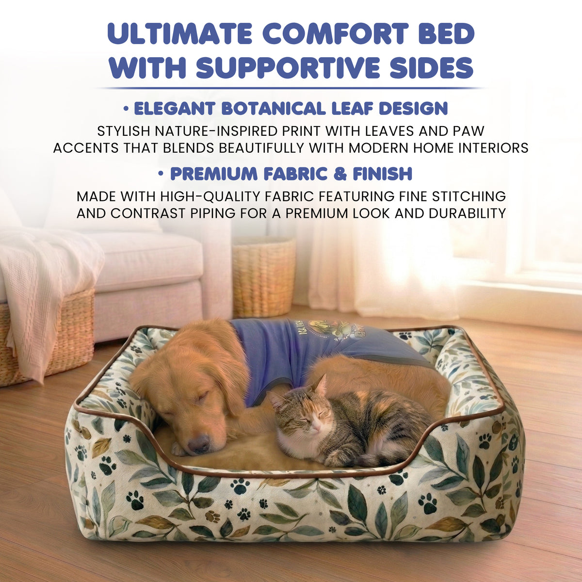 Furryfits Premium Leaf Print Dog Bed with Bolsters – Soft Botanical Pet Bed with Cushion, Anti-Slip & Durable (Dogs & Cats)