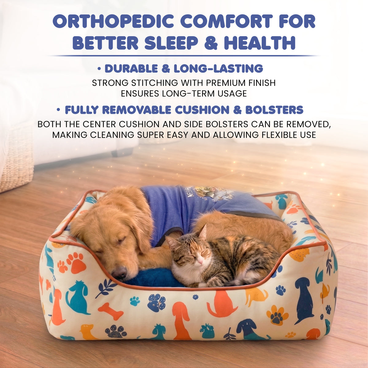 Furryfits Premium Dog Bed with Removable Cushion & Bolsters – Soft Orthopedic Washable Pet Bed with Anti-Slip Base (Dog Print Design)