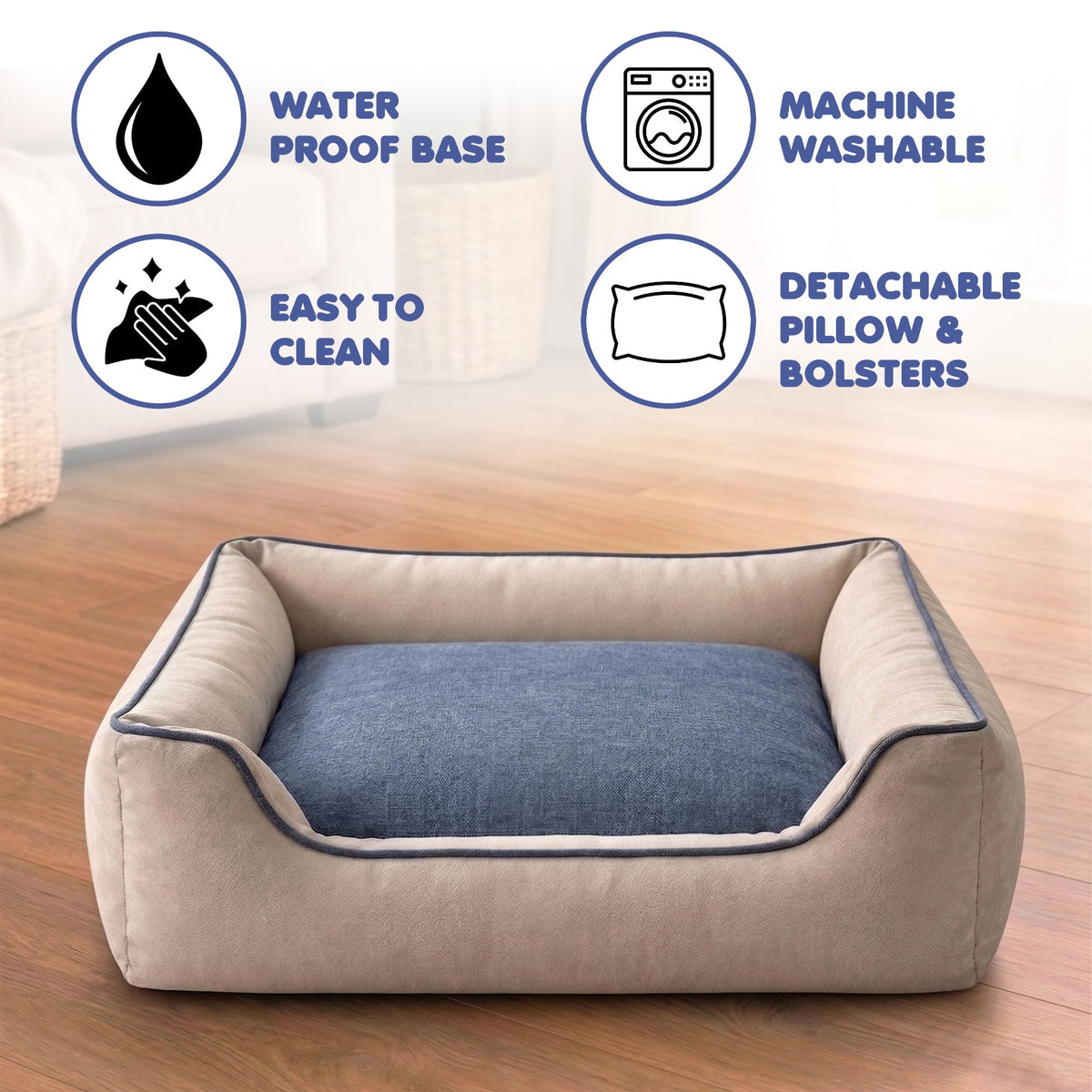 Furryfits Premium Two-Tone Dog Bed with Bolsters – Orthopedic Denim Cushion Pet Bed, Washable & Anti-Slip (Beige & Blue, Dogs & Cats)