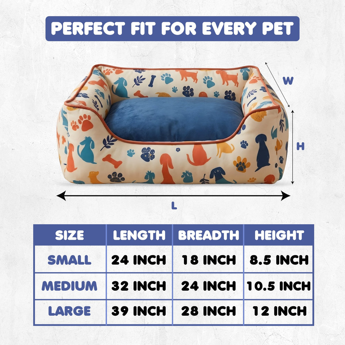Furryfits Premium Dog Bed with Removable Cushion & Bolsters – Soft Orthopedic Washable Pet Bed with Anti-Slip Base (Dog Print Design)