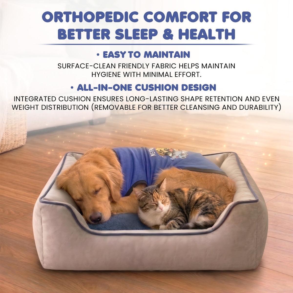 Furryfits Premium Two-Tone Dog Bed with Bolsters – Orthopedic Denim Cushion Pet Bed, Washable & Anti-Slip (Beige & Blue, Dogs & Cats)