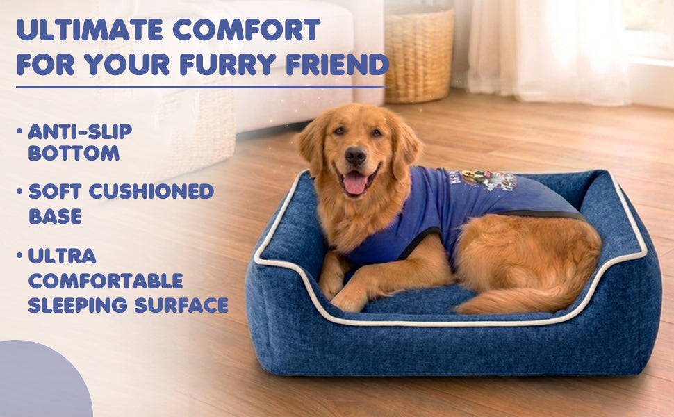 FurryFits Premium Solid Blue Grey Linen Dog Bed with Bolsters — orthopedic washable pet bed