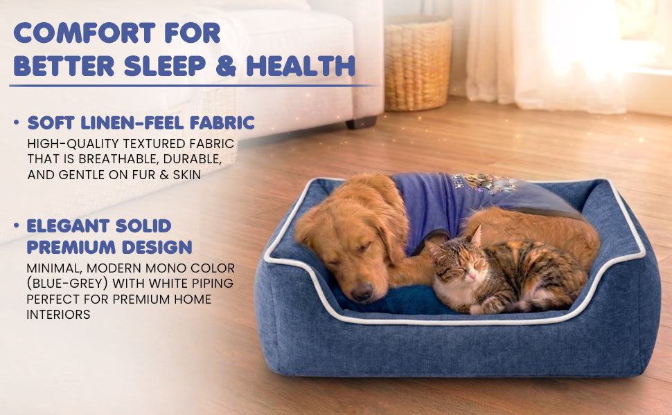 Dog resting on the FurryFits solid blue grey linen pet bed