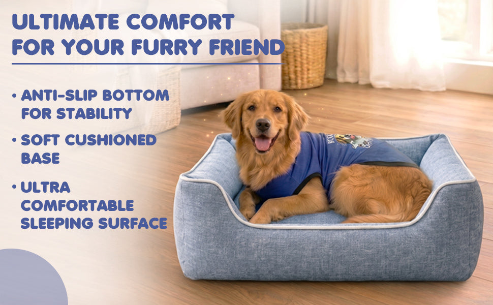 FurryFits Premium Denim Blue Dog Bed with Bolsters — orthopedic soft cushion pet bed