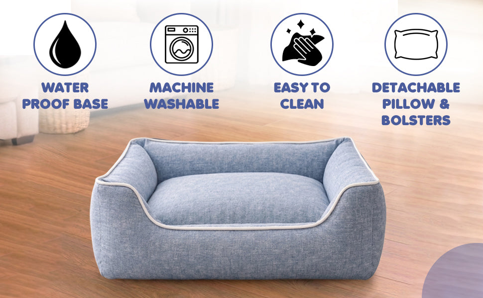 Denim blue dog bed features
